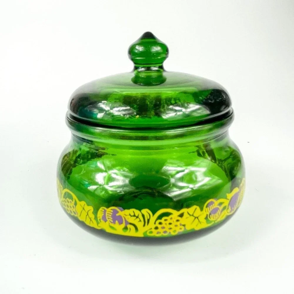 Emerald Green Glass Jam Jelly Jar Purple fruit design Belgium